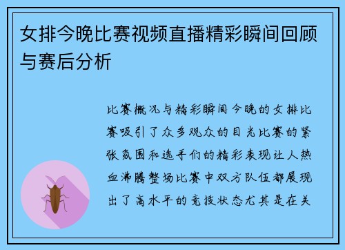 女排今晚比赛视频直播精彩瞬间回顾与赛后分析